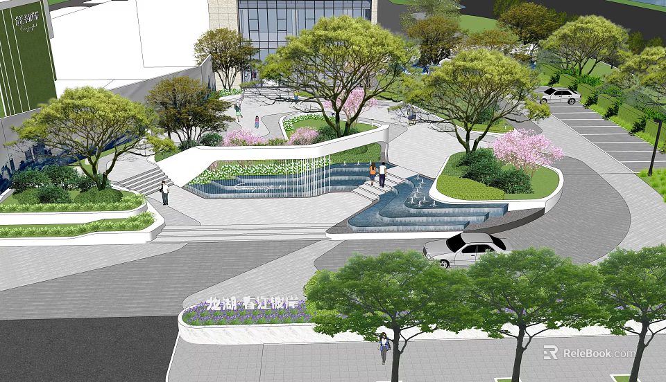 Modern Commercial Landscape Design With Trees Water Features Pedestrians And Cars 3d model 