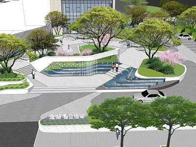 Modern Commercial Landscape Design With Trees Water Features Pedestrians And Cars 3d model