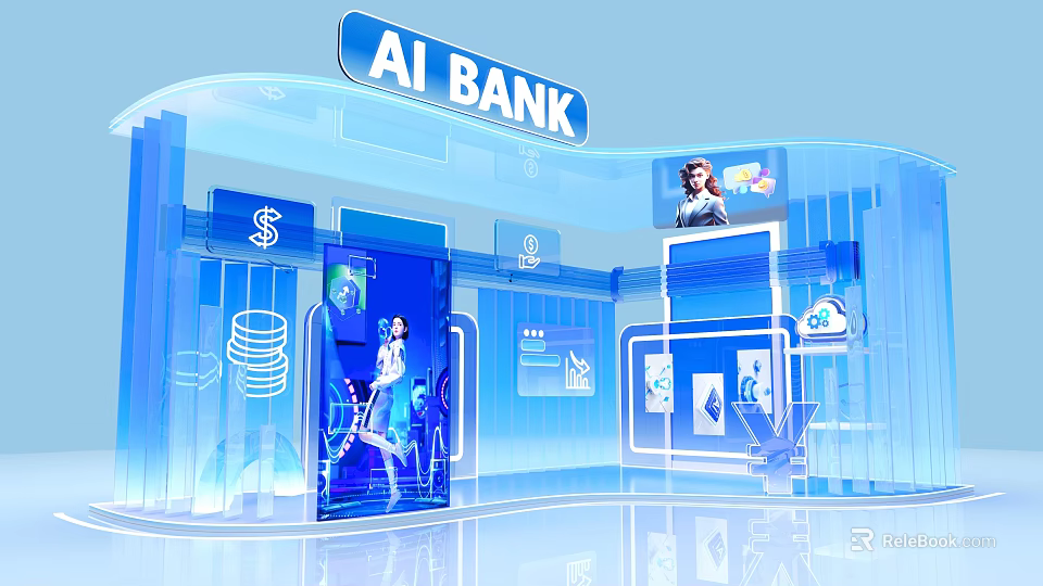 Futuristic AI Bank Interior Design Featuring Virtual Assistant Digital Screens And Financial Icons 3d model 