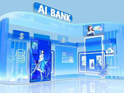Futuristic AI Bank Interior Design Featuring Virtual Assistant Digital Screens And Financial Icons 3d model