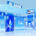 Futuristic AI Bank Interior Design Featuring Virtual Assistant Digital Screens And Financial Icons