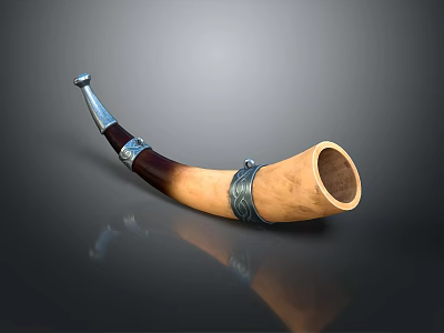 Vintage Wooden Musical Horn With Curved Design And Metallic Decorative Bands 3d model