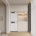 Modern Living Room With White Cabinets Washer Dryer Lit Shelves Large Windows And Sea View