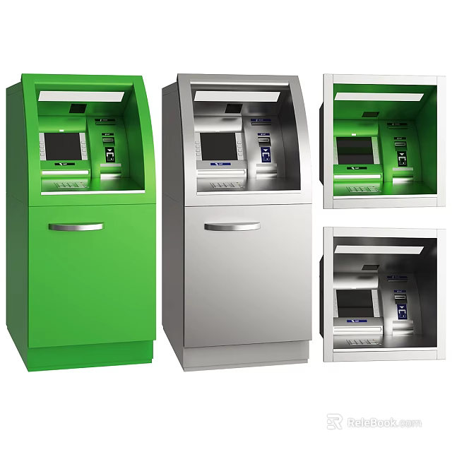 Public Facility ATM Machines In Green And Silver With Various Front Designs 3d model 