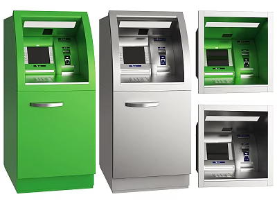 Public Facility ATM Machines In Green And Silver With Various Front Designs 3d model