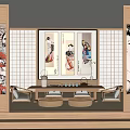 Traditional Japanese Tea Room Interior Design With Wooden Table Cushions And Hanging Paintings