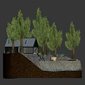 Cartoon Scene With Small House Green Trees Pond And Rocky Ground