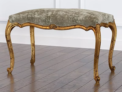 Elegant Velvet Upholstered Bench Featuring Golden Carved Legs On Wooden Floor 3d model