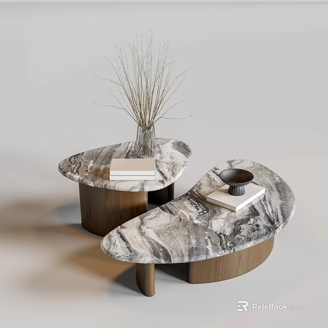Modern Nested Coffee Tables With Marble Tops Wooden Bases And Decorative Vase Books 3d model 