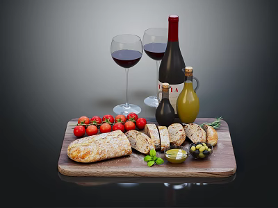 Fresh Food Platter with Sliced Bread Strawberries Olives Olive Oil and Balsamic Dip 3d model