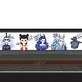 Outdoor Cartoon Graffiti Feature Wall With Bench Pink Flower Bushes Street Lamps And People