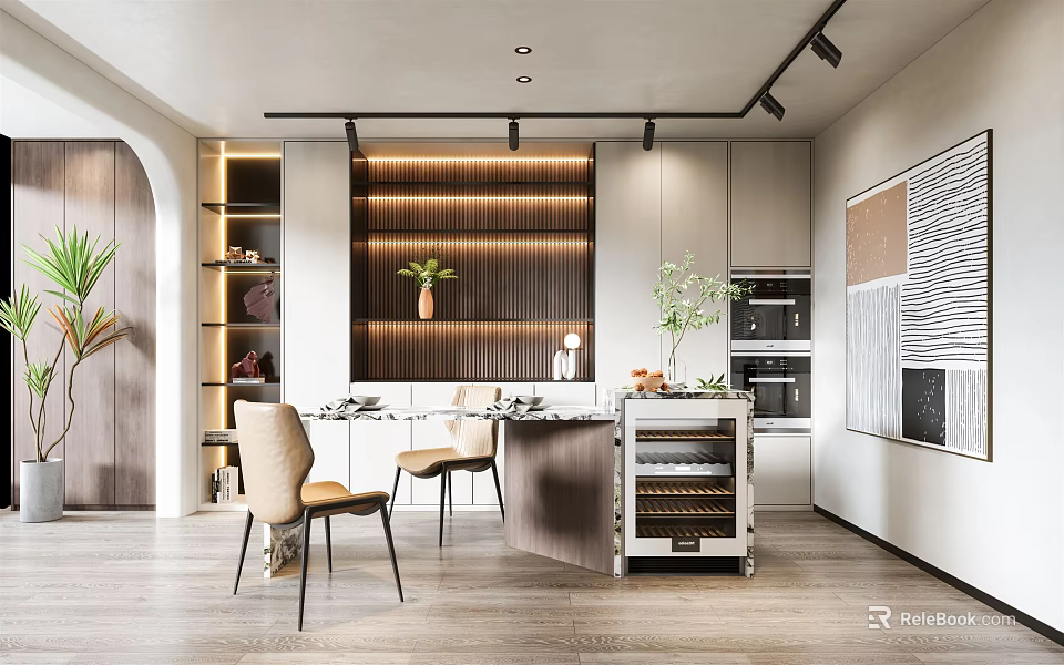 Modern Restaurant Interior With Dining Table Chairs Wine Cooler And Wall Art 3d model