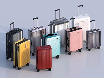 Assorted Stylish Multicolored Suitcases In Different Sizes With Telescopic Handles And Rolling Wheels 3d model