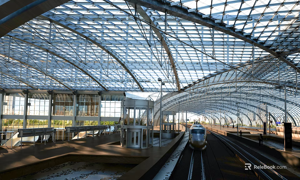 Contemporary Railway Station Featuring Glass Roof Steel Structure And Train On Platform 3d model 