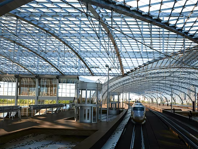 Contemporary Railway Station Featuring Glass Roof Steel Structure And Train On Platform 3d model