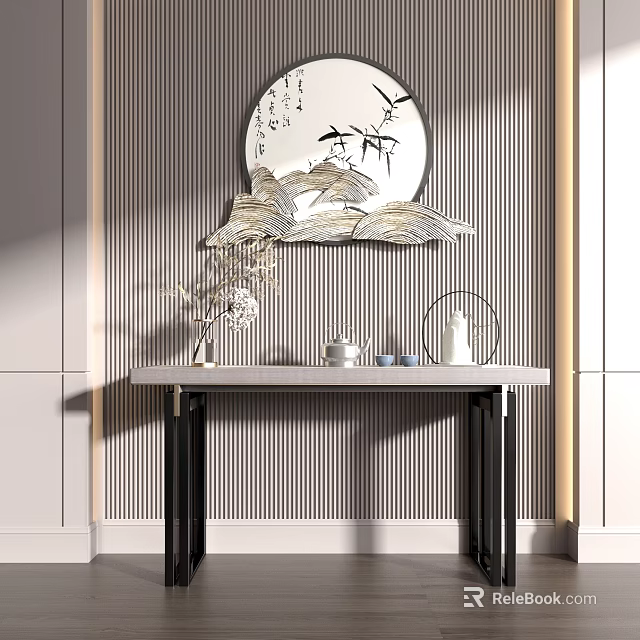 Elegant Console Table With Circular Mountain Painting And Tea Set On Striped Wall 3d model