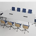 White Rectangular Conference Table With Blue Rolling Office Chairs And Black Surface Slots 3d model