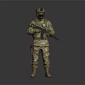 Military Soldier In Camouflage Uniform With Helmet Goggles And Rifle Standing
