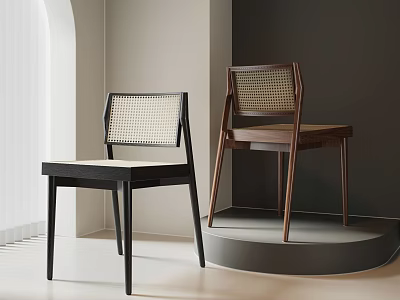 Stylish Leisure Chairs with Woven Backrests Black Brown Frames on Gray Platform Light Dark Walls 3d model