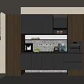 Modern Sideboard With Dark Gray Wooden Cabinets Golden Trim Kitchen Appliances And Fruits