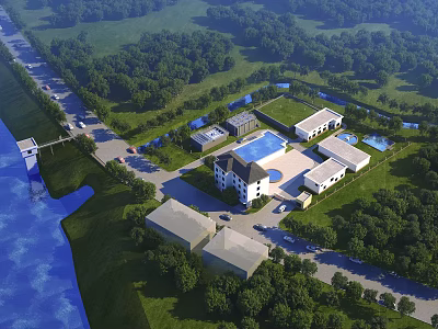 Aerial View of Modern Industrial Plant with Green Trees Waterbody and Surrounding Infrastructure 3d model