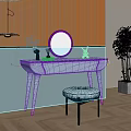 Modern White Vanity Table With Round Mirror Stool And Wooden Wall Potted Plant