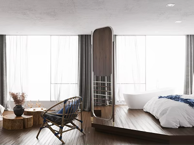 Hotel Guest Room Modern Interior With Large Windows Curtains Wooden Floor Bathtub Bed Chair And Mirror 3d model