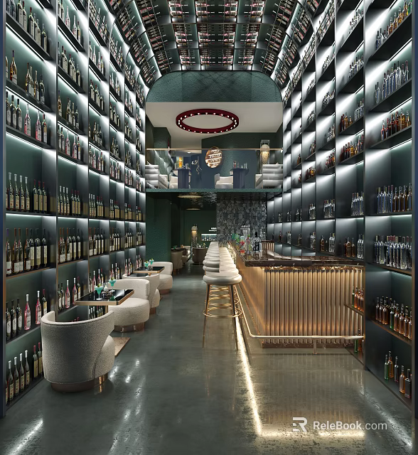 Modern Bar Interior With Circular Lighting Bottle Filled Walls Central Counter Stools And Sofa Seats 3d model 