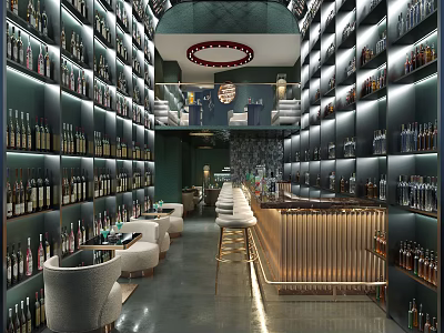 Modern Bar Interior With Circular Lighting Bottle Filled Walls Central Counter Stools And Sofa Seats 3d model