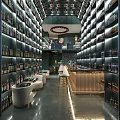 Modern Bar Interior With Circular Lighting Bottle Filled Walls Central Counter Stools And Sofa Seats