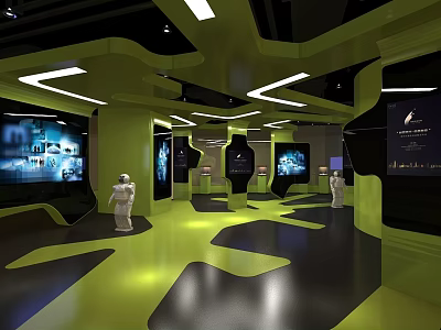 Modern Exhibition Hall Interior With Green Walls Black Flooring Display Screens And Sculptures 3d model