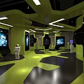 Modern Exhibition Hall Interior With Green Walls Black Flooring Display Screens And Sculptures