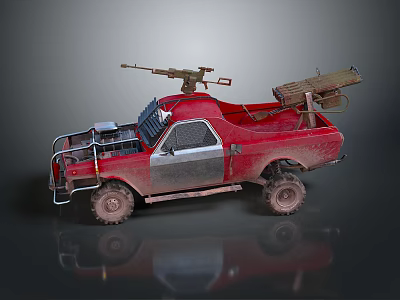 Red Modified Off Road Truck With Roof Mounted Machine Gun Ammunition Box And Metal Rails 3d model
