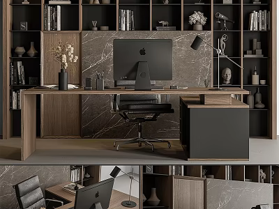 Modern Office Desk and Chair Set with Wooden Top Marble Background Bookshelves Computer and Lamp 3d model