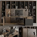Modern Office Desk and Chair Set with Wooden Top Marble Background Bookshelves Computer and Lamp