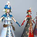 Game Film Characters In Different Colored Decorative Dresses With Ornate Staff