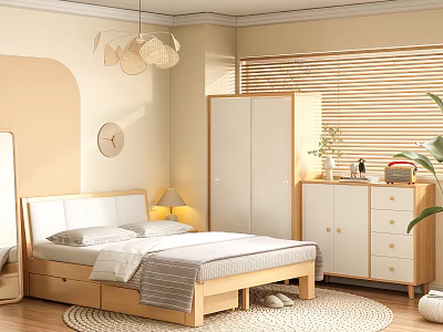 Modern Wooden Double Bed In Cozy Bedroom With Bedside Table Pendant Light And Wardrobe 3d model