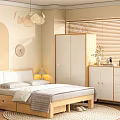 Modern Wooden Double Bed In Cozy Bedroom With Bedside Table Pendant Light And Wardrobe