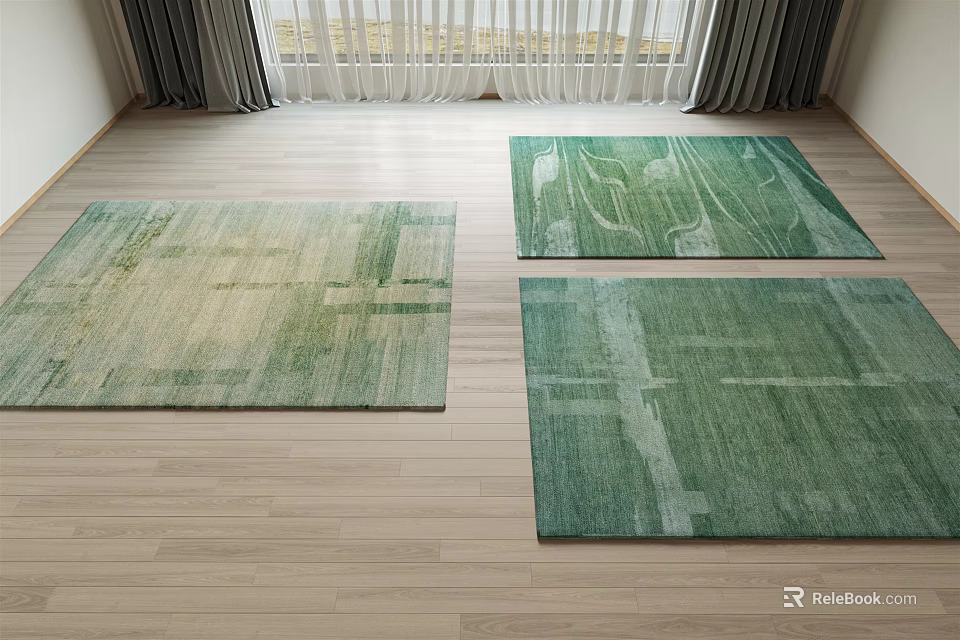 Three Green Square Rugs with Abstract Patterns on Light Wooden Floor in Bright Room 3d model 