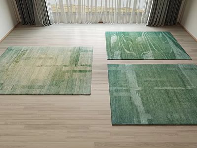 Three Green Square Rugs with Abstract Patterns on Light Wooden Floor in Bright Room 3d model