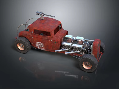 Vintage Red Rusty Car With Exposed Engine And Large Off Road Tires 3d model