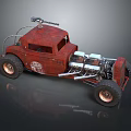 Vintage Red Rusty Car With Exposed Engine And Large Off Road Tires