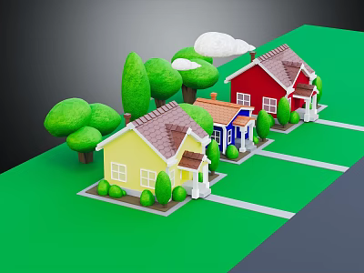 Cartoon Scene With Colorful Houses Green Lawn Trees And White Clouds 3d model