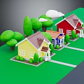 Cartoon Scene With Colorful Houses Green Lawn Trees And White Clouds