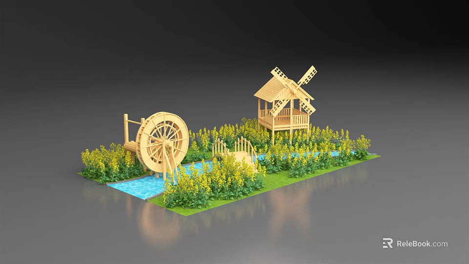 Rustic Wooden Windmill And Waterwheel Model With Green Plants And Water Channel 3d model 