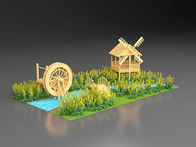 Rustic Wooden Windmill And Waterwheel Model With Green Plants And Water Channel 3d model