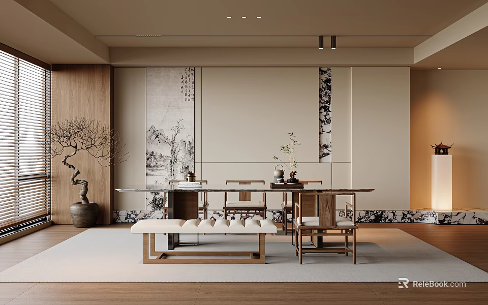 Chinese Style Restaurant Interior With Wooden Dining Table Traditional Wall Art And Potted Plants 3d model 