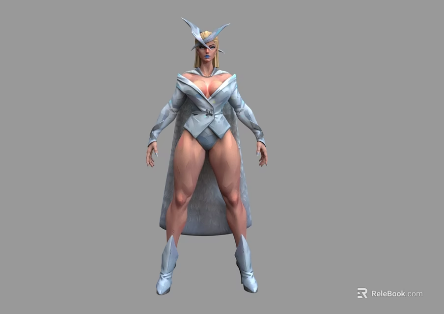 Woman in Silver Costume With Horned Headdress Long Cape And Tall Boots 3d model 