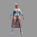 Woman in Silver Costume With Horned Headdress Long Cape And Tall Boots