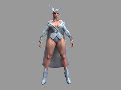 Woman in Silver Costume With Horned Headdress Long Cape And Tall Boots 3d model